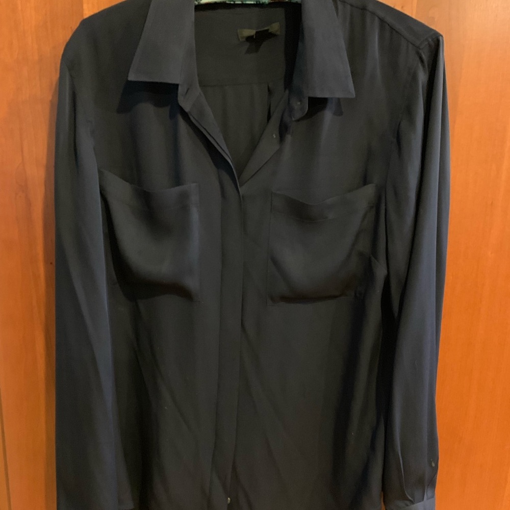 J. Crew Silk Pocket blouse navy hidden buttons 14